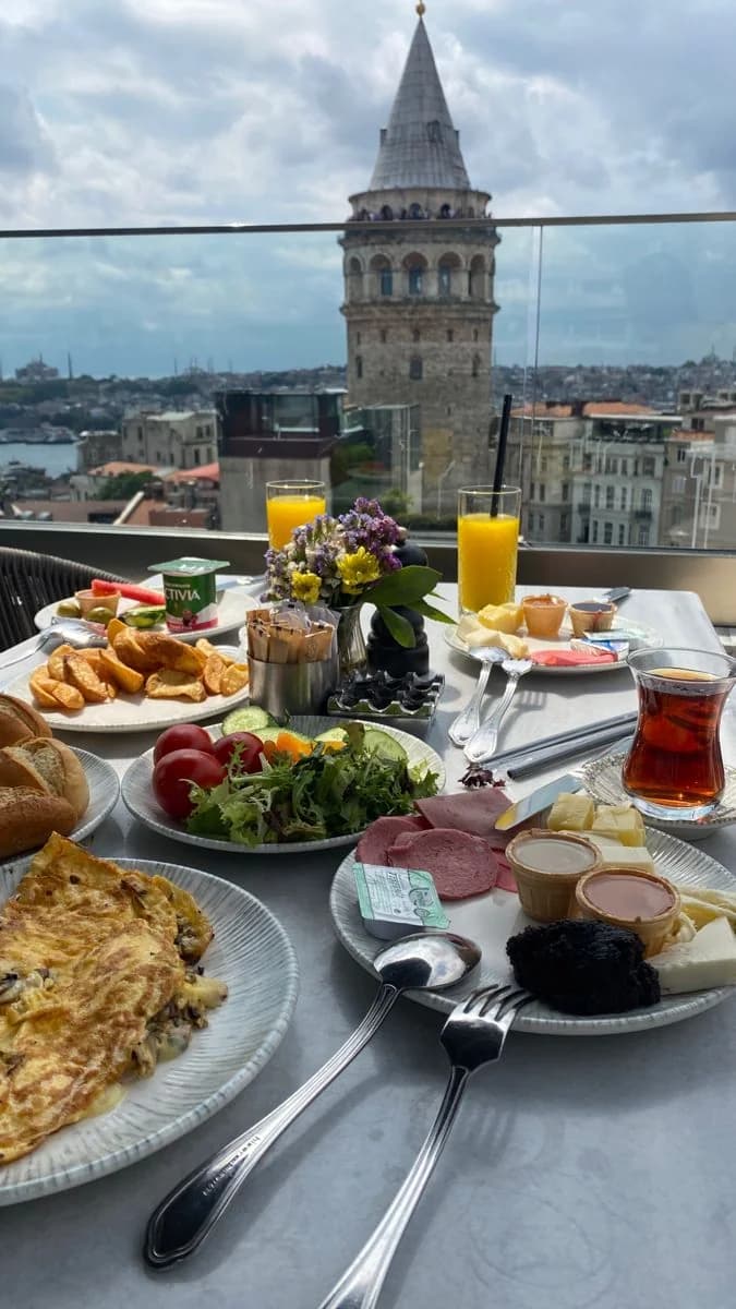 Breakfast spread with Galata Tower visible in the background
